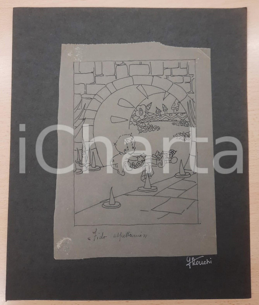 1940 ca Artista Gianna RONCHI "Fido aspettami" *Disegno originale AUTOGRAFO Disegno originale, realizzato a matita e china dall'artista Gianna Ronchi, con firma autografa.Su velina applicata a cartoncino. FAIR/discreto lievi mancanze e danni marginali Formato: 18x25 cm (disegno); 28x34 cm (cartoncino) originale e autentica 1