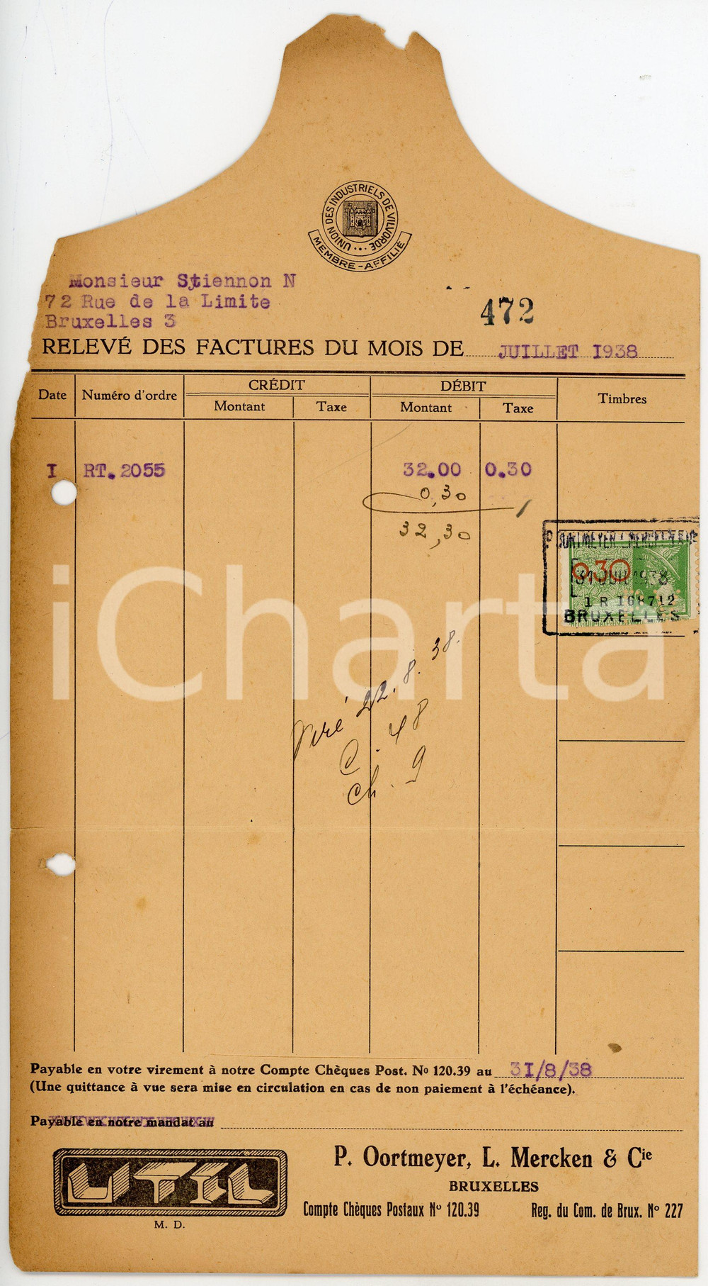 Documento originale, autentico 1938 BRUXELLES P. OORTMEYER, L. MERCKEN & Cie  Relevé des factures  Circulé 1
