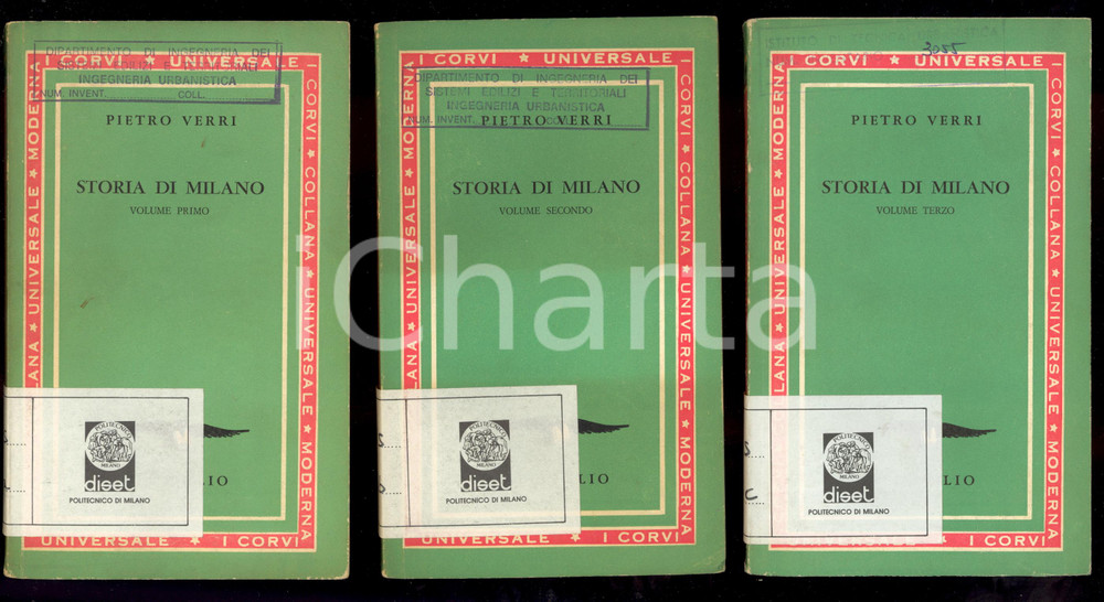 1962 Pietro VERRI Storia di Milano - A cura di Alberto CRESCENTINI *3 voll. ATTENZIONE: Il volume reca la segnatura "Gabinetto di Urbanistica - Politecnico di Milano" tuttavia la Societ&agrave; dispone di liberatoria per la commercializzazione e la libera circolazione del volume stesso, trattandosi di parziale dismissione autorizzata di biblioteca.EDITORE: Dall'Oglio / Collana "Universale Moderna I Corvi" - MilanoDIMENSIONI: 11x18 cmPAGINE: 250 + 270 +204 CONDIZIONI: FAIR (adesivo al dorso e timbro in copertina; tracce d'uso; ingiallimento e lievi strappi interni)    originale e autentica 1