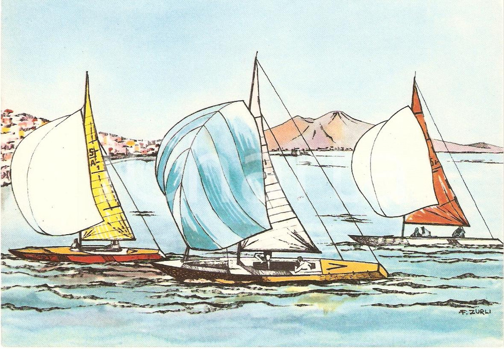 Cartolina originale da collezione 1960 ROMA XVII OLIMPIADE Gara di Vela GOLFO DI NAPOLI Ill. ZURLI Cartolina 2 1