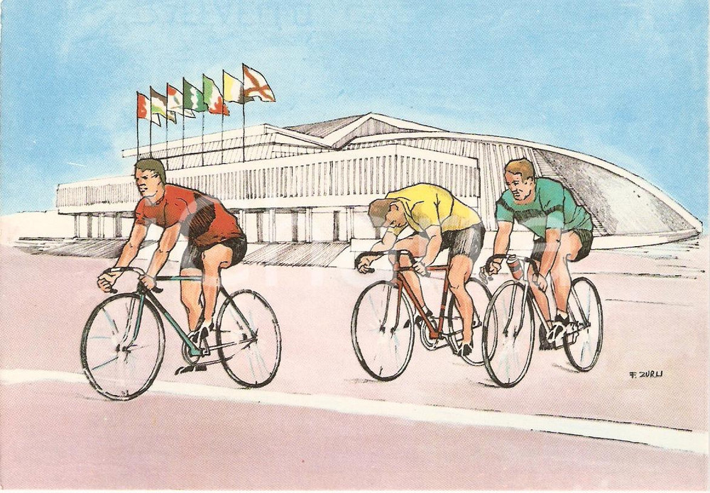 Cartolina originale da collezione 1960 ROMA XVII OLIMPIADE Ciclismo VELODROMO EUR Ill. ZURLI Cartolina 4 1