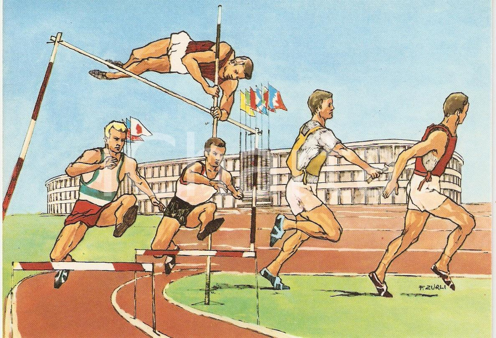 Cartolina originale da collezione 1960 ROMA XVII OLIMPIADE Atletica STADIO OLIMPICO Ill. ZURLI Cartolina 3 1