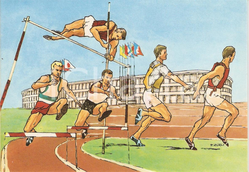 Cartolina originale da collezione 1960 ROMA XVII OLIMPIADE Atletica STADIO OLIMPICO Ill. ZURLI Cartolina 1 1