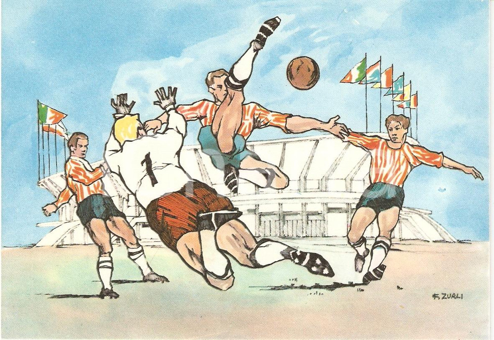 Cartolina originale da collezione 1960 ROMA XVII OLIMPIADE Calcio STADIO FLAMINIO Ill. ZURLI Cartolina 1 1