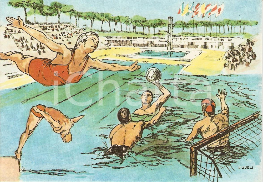 Cartolina originale da collezione 1960 ROMA XVII OLIMPIADE Pallanuoto STADIO DEL NUOTO Ill. ZURLI Cartolina 3 1