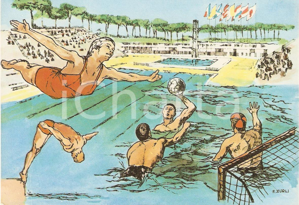 Cartolina originale da collezione 1960 ROMA XVII OLIMPIADE Pallanuoto STADIO DEL NUOTO Ill. ZURLI Cartolina 4 1