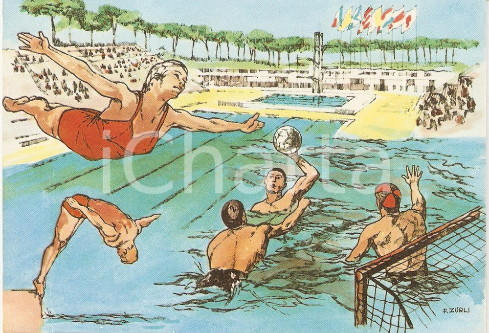 Cartolina originale da collezione 1960 ROMA XVII OLIMPIADE Pallanuoto STADIO DEL NUOTO Ill. ZURLI Cartolina 1 1