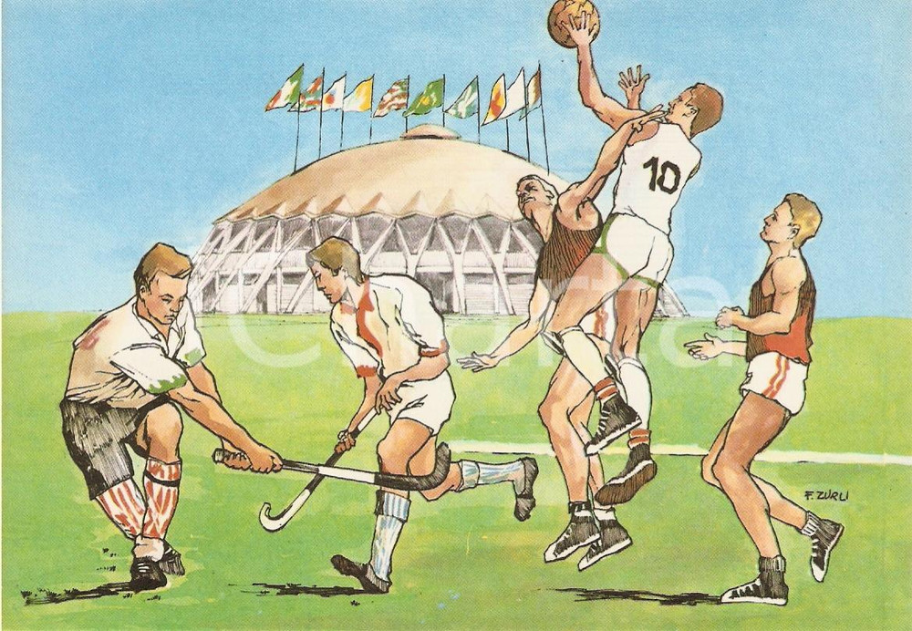 Cartolina originale da collezione 1960 ROMA XVII OLIMPIADE Basket PALAZZETTO DELLO SPORT Ill. ZURLI FG NV 1 1