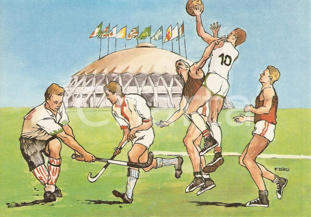 Cartolina originale da collezione 1960 ROMA XVII OLIMPIADE Basket PALAZZETTO DELLO SPORT Ill.ZURLI FG NV 2 1