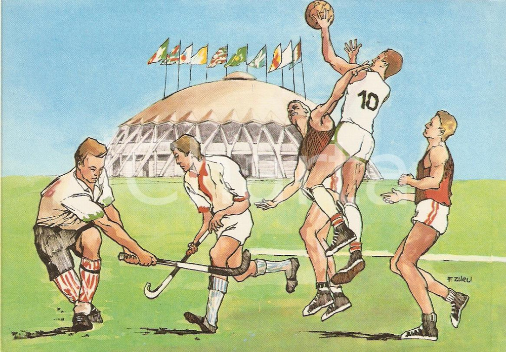 Cartolina originale da collezione 1960 ROMA XVII OLIMPIADE Basket PALAZZETTO DELLO SPORT Ill. ZURLI FG NV 4 1