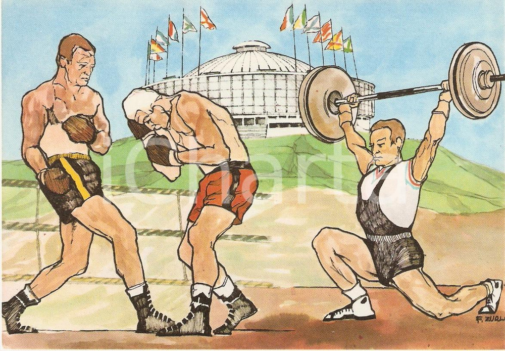 Cartolina originale da collezione 1960 ROMA XVII OLIMPIADE Pugilato PALAZZO DELLO SPORT Ill. ZURLI Cartolina 3 1