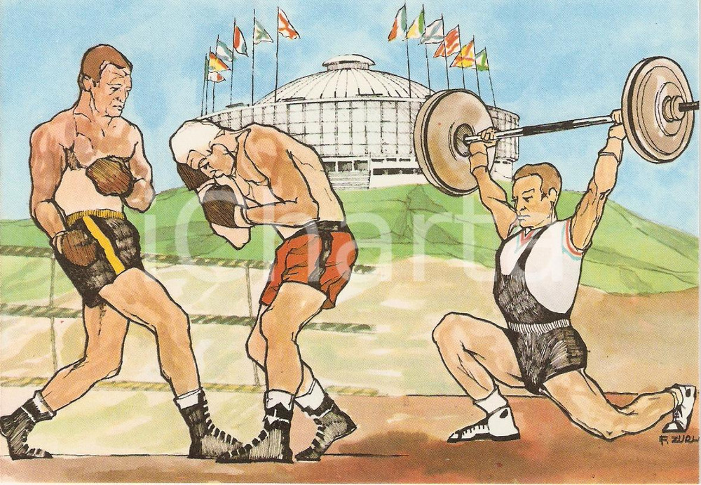 Cartolina originale da collezione 1960 ROMA XVII OLIMPIADE Pugilato PALAZZO DELLO SPORT Ill. ZURLI Cartolina 4 1