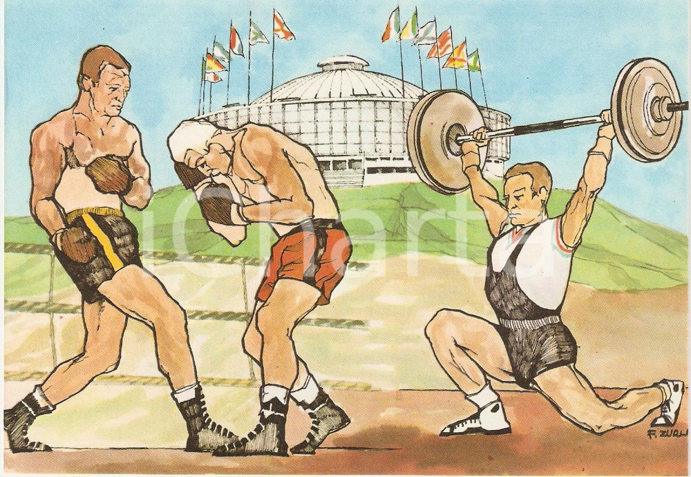 Cartolina originale da collezione 1960 ROMA XVII OLIMPIADE Pugilato PALAZZO DELLO SPORT Ill. ZURLI Cartolina 2 1
