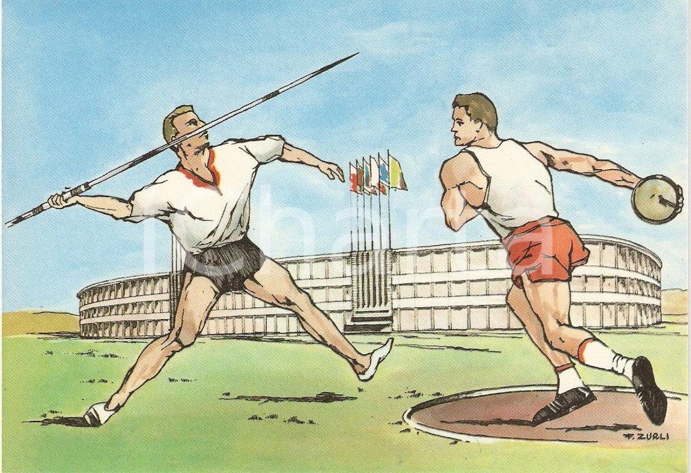 Cartolina originale da collezione 1960 ROMA XVII OLIMPIADE Giavellotto STADIO OLIMPICO Ill. ZURLI Cartolina 2 1