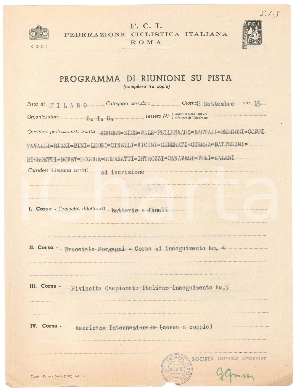 Documento originale, autentico 1940 CICLISMO MILANO Vigorelli  Programma di riunione su pista 3 1