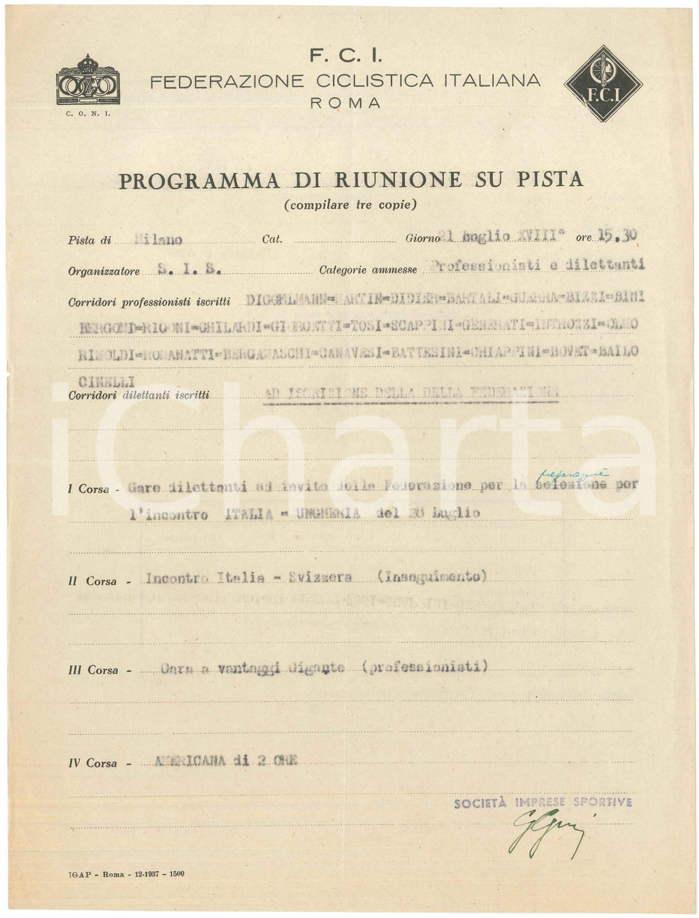 Documento originale, autentico 1940 CICLISMO MILANO Vigorelli  Programma di riunione su pista 1 1