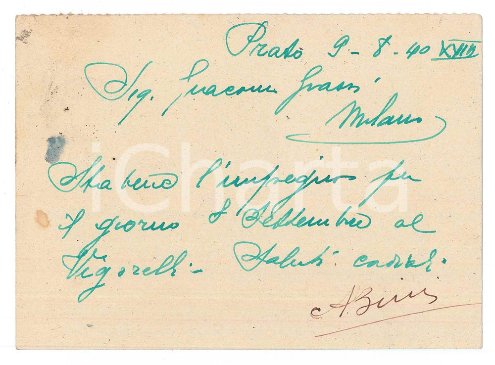 Autografo originale 1940 CICLISMO PRATO Aldo BINI conferma una gara al Vigorelli AUTOGRAFO 1