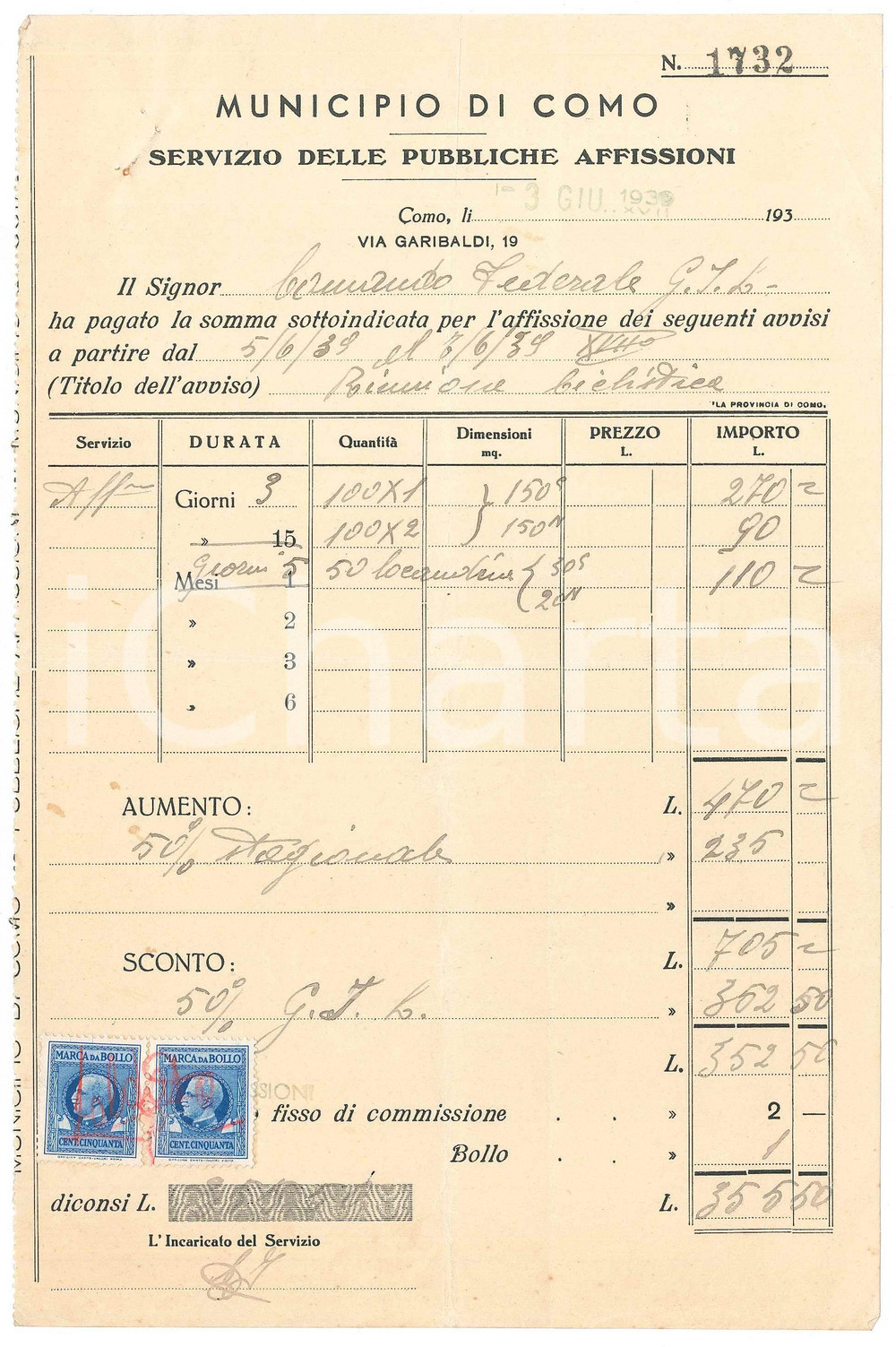Documento originale, autentico 1939 CICLISMO COMO Servizio Pubbliche Affissioni  Ricevuta GIL  16x24 cm 1 1