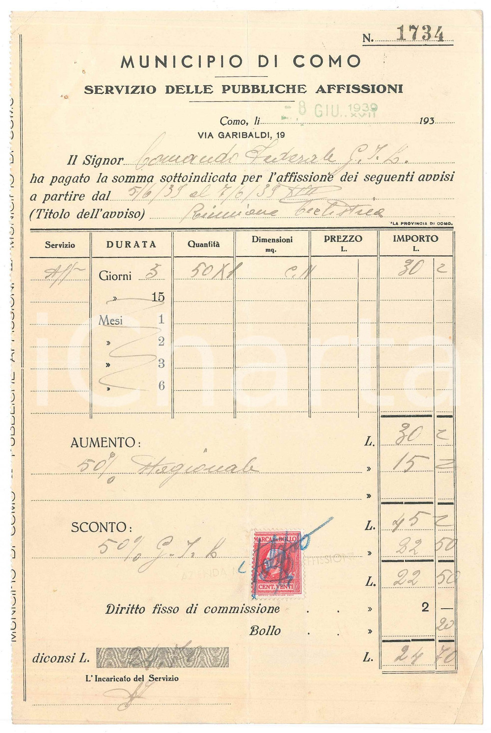 Documento originale, autentico 1939 CICLISMO COMO Servizio Pubbliche Affissioni  Ricevuta GIL  16x24 cm 3 1