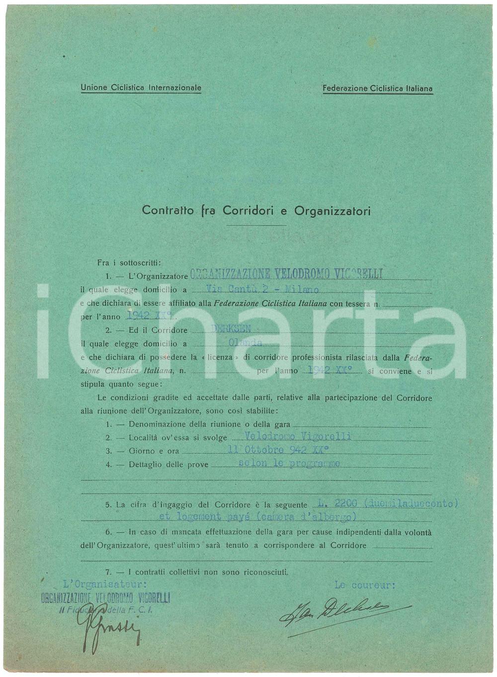 Autografo originale 1942 CICLISMO MILANO VIGORELLI Contratto ingaggio Jan DERKSEN  Autografo 1