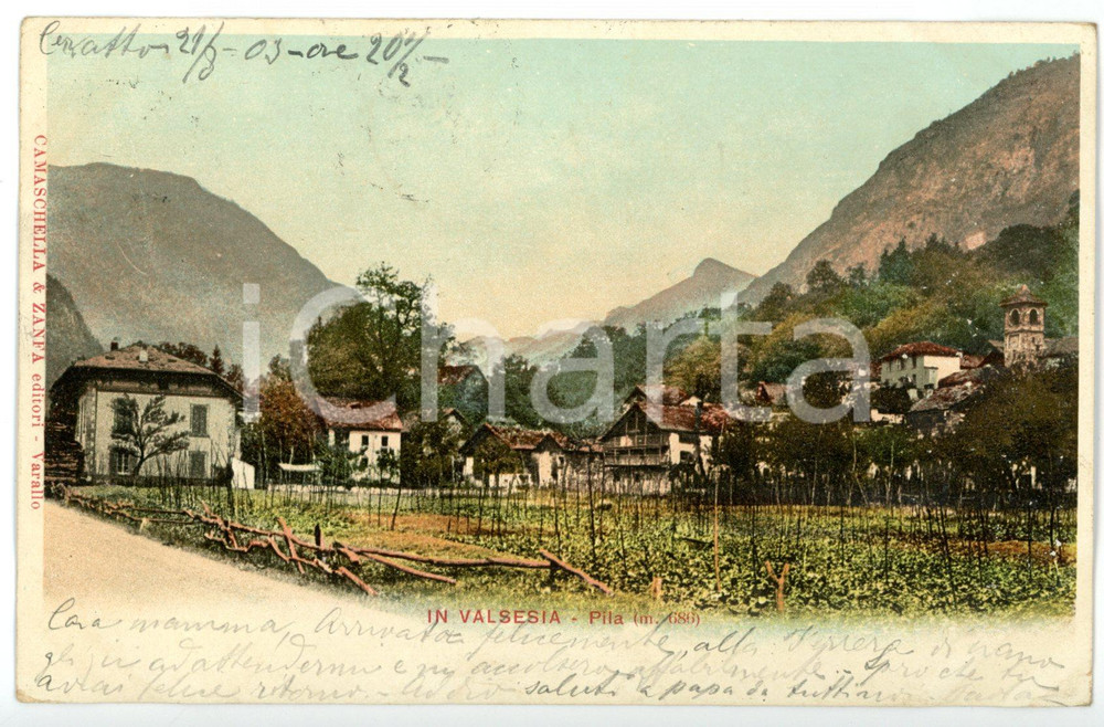 1903 PILA (VC) VALSESIA - Panorama con campi coltivati *Cartolina FP VG 1 Cartolina d'epoca, viaggiata.  CONDIZIONI: FAIR (lievi sovraimpressioni e ondulatura agli angoli) FORMATO: FP    originale e autentica 1