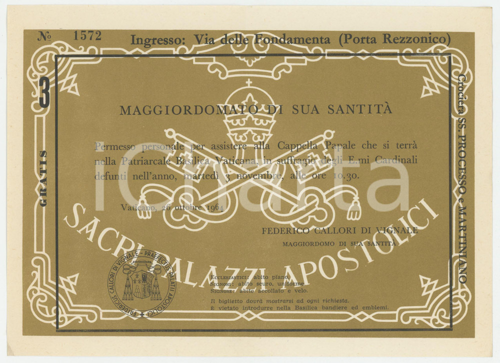 Oggetto da collezione cartaceo 1964 MAGGIORDOMATO SUA SANTITA  Permesso personale Cappella Papale suffragio 1 1