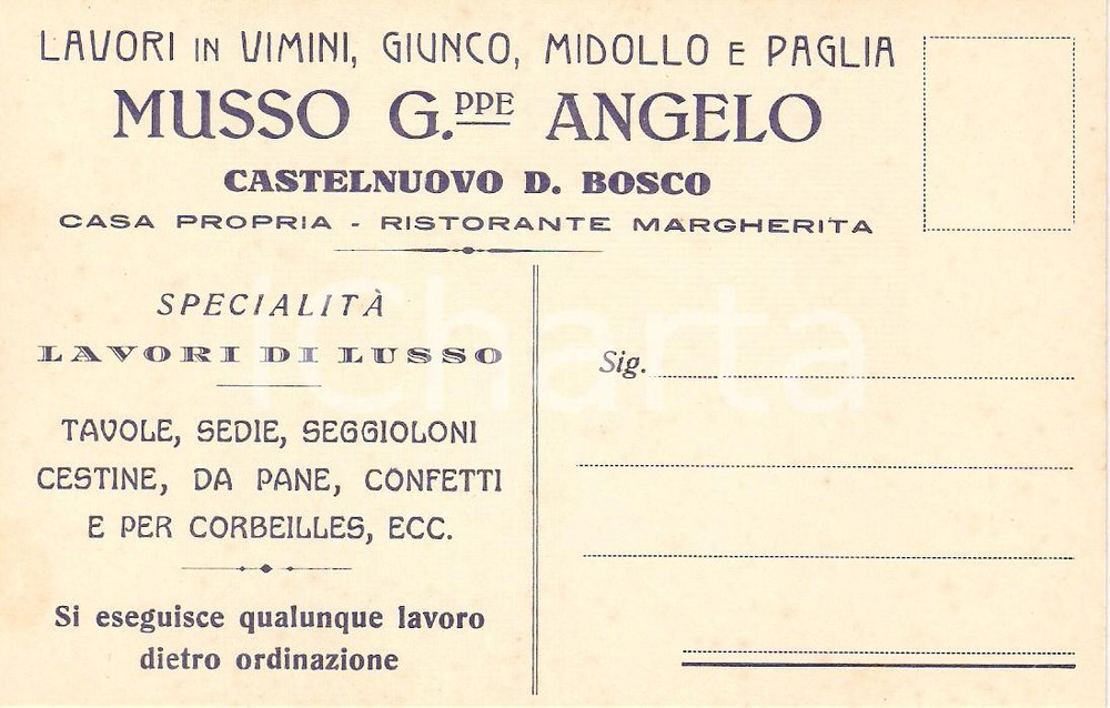 Cartolina originale da collezione 1930 ca CASTELNUOVO DON BOSCO Giuseppe Angelo MUSSO lavori in vimini giunco 1 1