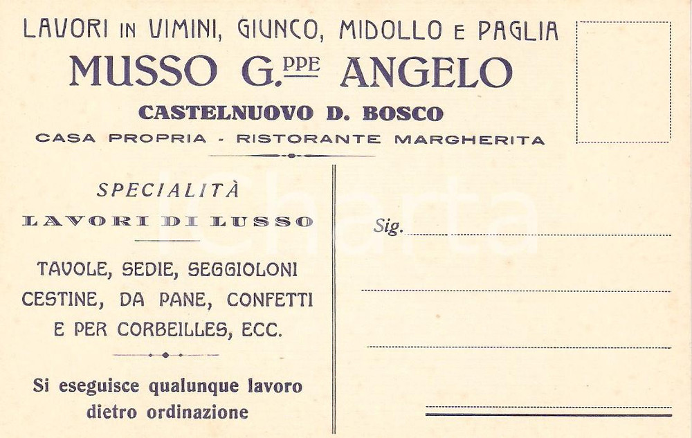 Cartolina originale da collezione 1930 ca CASTELNUOVO DON BOSCO Giuseppe Angelo MUSSO lavori in vimini giunco 2 1