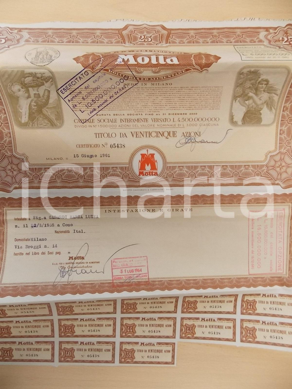 Oggetto da collezione cartaceo 1961 MILANO MOTTA dolciaria ed alimentare Titolo 25 azioni con cedole 1 1