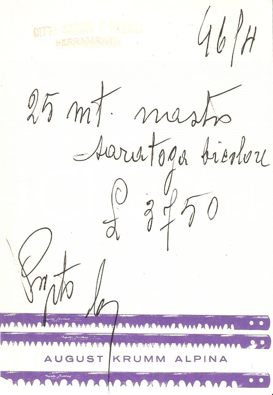 Materiale pubblicitario d’epoca 1965 ca Ferramenta SACCHI E CODARA - Ricevuta AUGUST KRUMM ALPINA 1 1