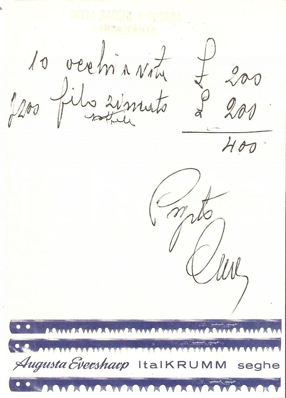 Materiale pubblicitario d’epoca 1965 ca Ferramenta SACCHI E CODARA - Ricevuta AUGUST KRUMM ALPINA 3 1