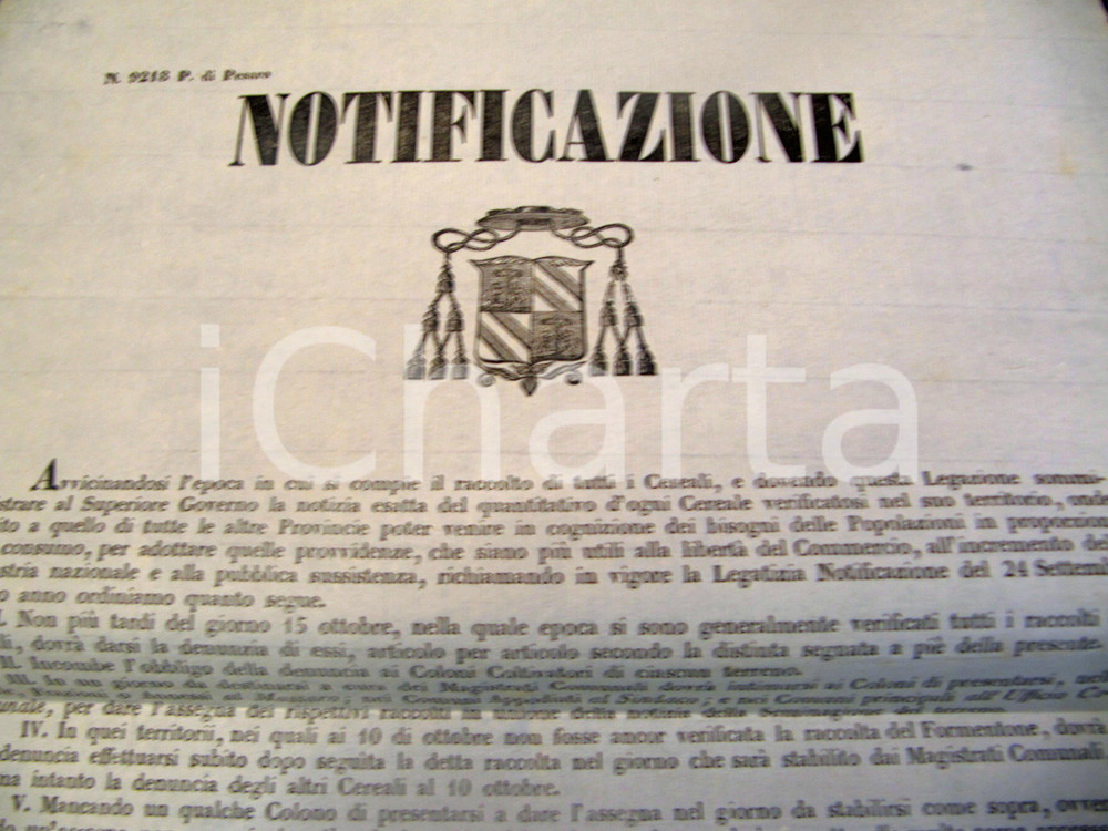 Documento originale, autentico 1849 PESARO Denuncia cereali per coloni coltivatori MANIFESTO 1 1