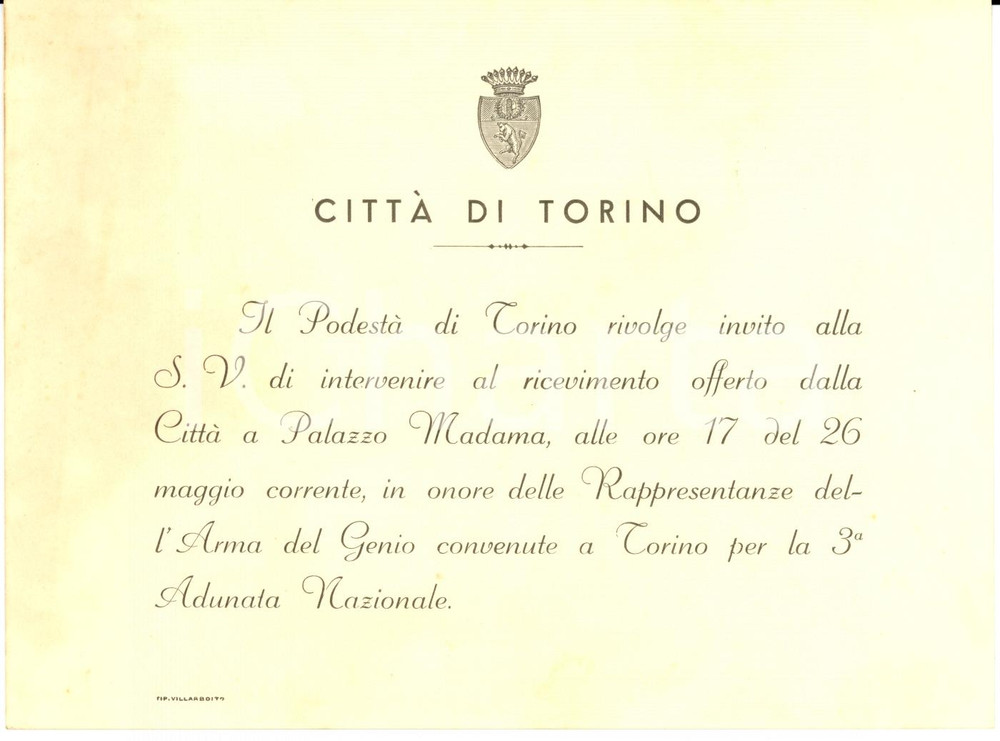 Documento originale, autentico 1933 TORINO Ricevimento 3 Adunata Nazionale ARMA DEL GENIO Invito 1