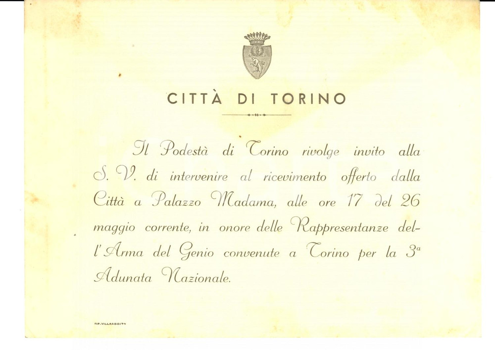 Documento originale, autentico 1933 TORINO Ricevimento 3 Adunata Nazionale ARMA DEL GENIO Invito 1