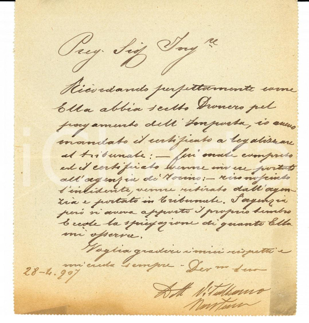 Autografo originale 1902 TORINO Avv. Vitaliano BASTONE invita ing. Stefano MOLLI 1