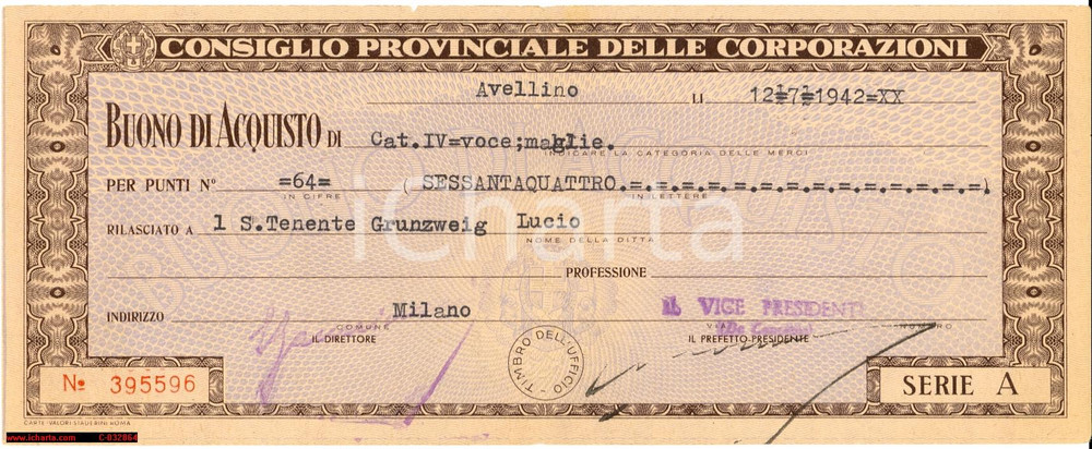 Documento originale, autentico 1942 AVELLINO Consiglio Provinciale Corporazioni Buono acquisto GRUNZWEIG 1 1