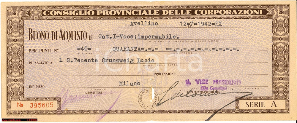 Documento originale, autentico 1942 AVELLINO Consiglio Provinciale Corporazioni Buono acquisto GRUNZWEIG 2 1