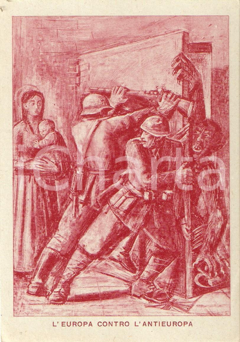 Cartolina originale da collezione 1942 WW2 L EUROPA contro l ANTIEUROPA soldati vs mostri Cartolina 6 1