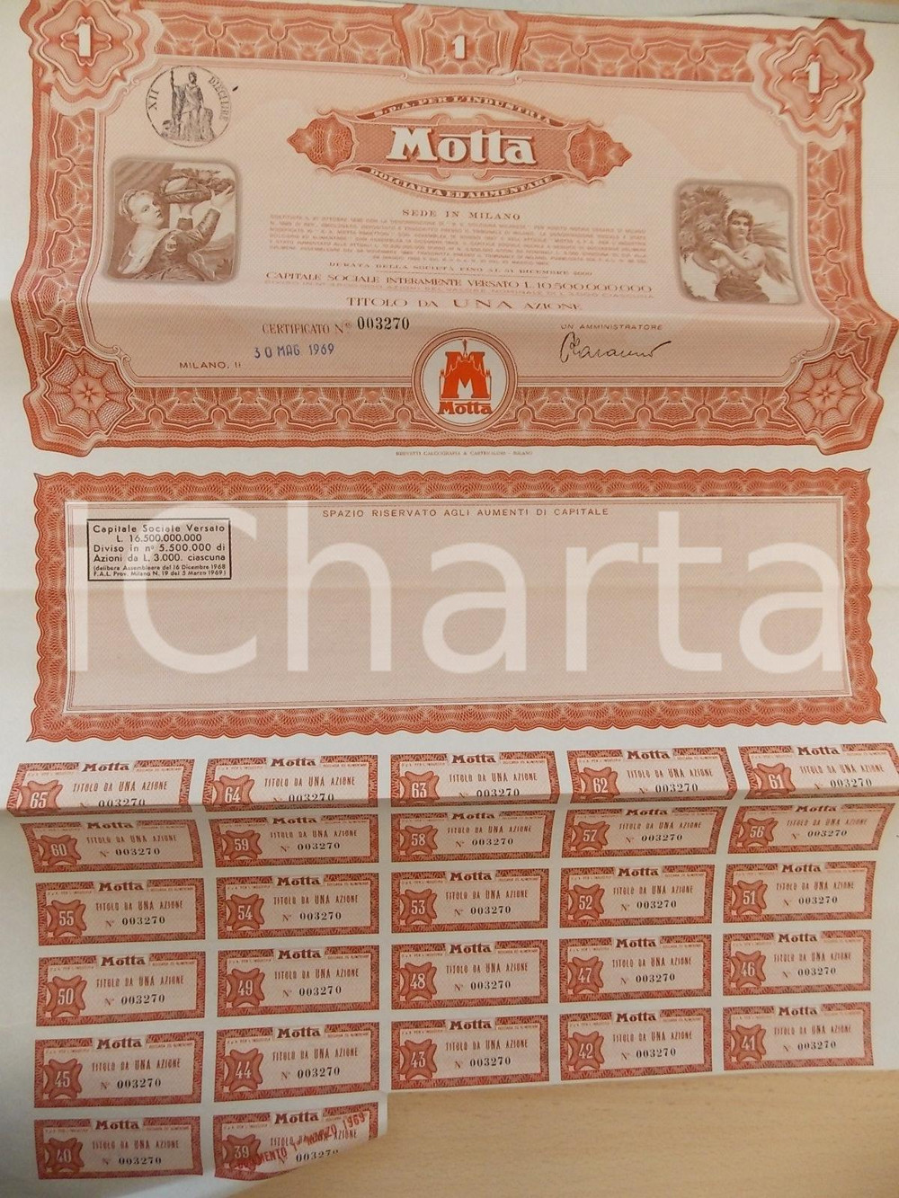 Oggetto da collezione cartaceo 1962 MILANO MOTTA dolciaria ed alimentare Titolo 1 azione con cedole 1 1