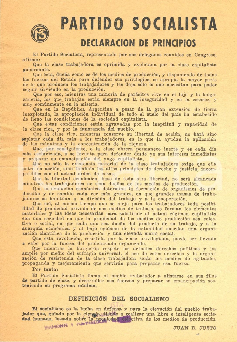 Documento originale, autentico 1930 ca ARGENTINA Juan B. JUSTO Principios Partido Socialista Volantino 1 1