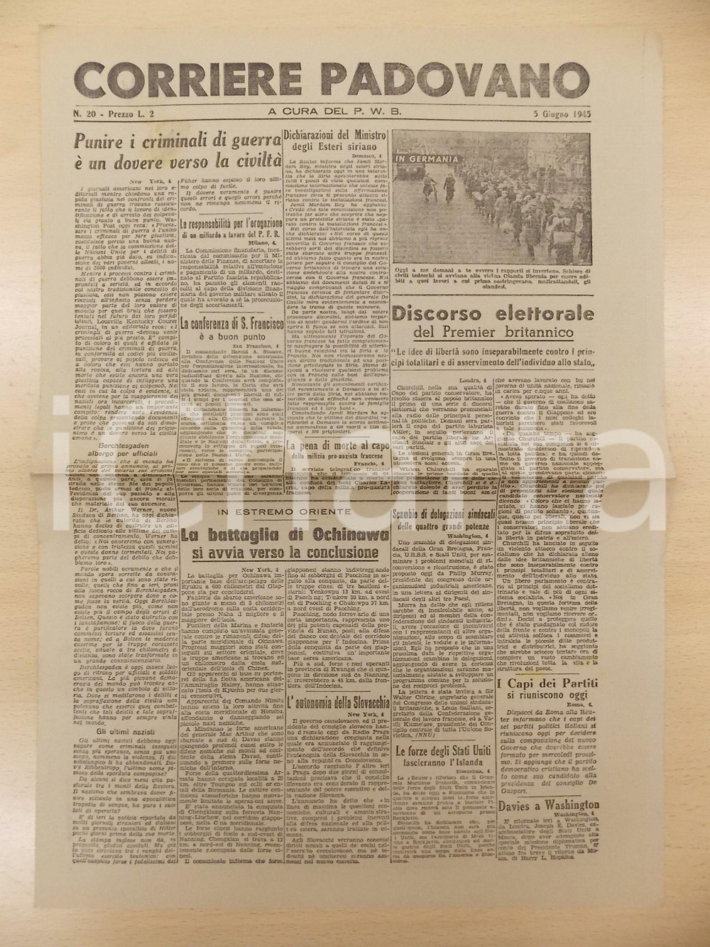 Giornale, rivista storica 1945 CORRIERE PADOVANO Punire i criminali di guerra nazisti Giornale P.W.B. 2 1
