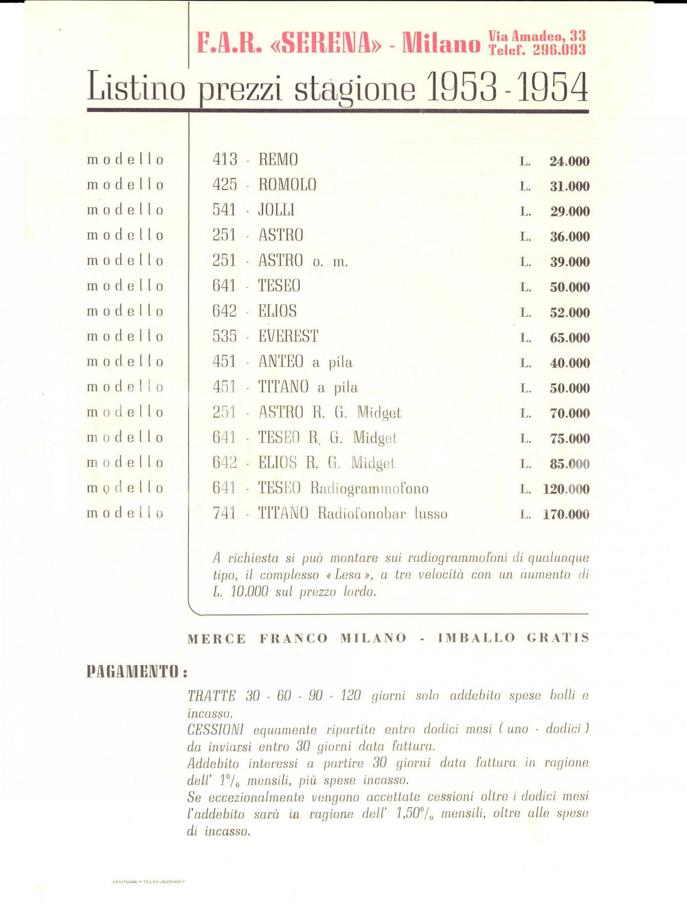 Materiale pubblicitario d’epoca 1953 MILANO Via Amadeo 33 Fabbrica Apparecchi Radiofonici SERENA Listino 2 1