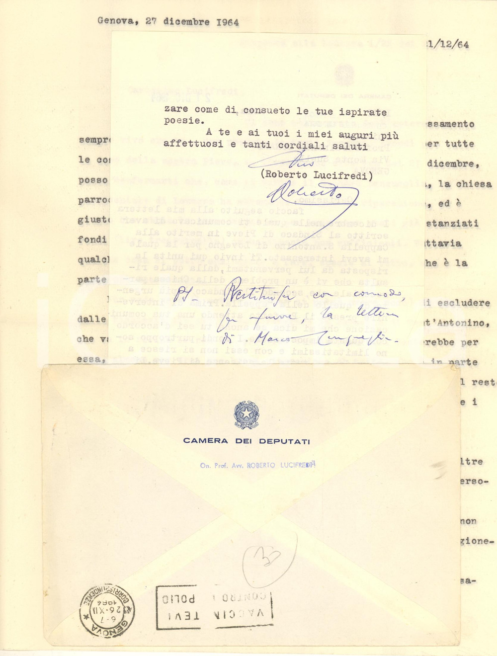 Autografo originale 1964 Roberto LUCIFREDI su intervento Cappella S. Antonino di LOVEGNO Autografo 1