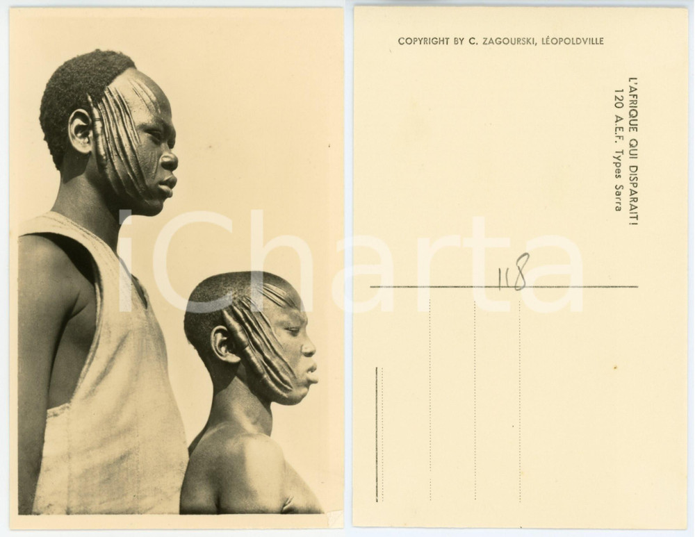 1930 ZAGOURSKI «L'Afrique qui disparaît»  Types SARRA - Scarification visage 2  Fotocartolina postale d'epoca, appartenente alla serie «L'Afrique qui disparaît» del fotografo Casimir Zagourski (Léopoldville).N° 120, non viaggiata.  GOOD/buono  FORMATO: 9x14 cm originale e autentica 1
