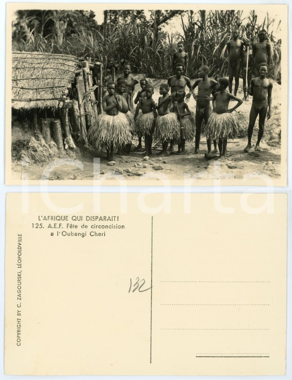 1930 ZAGOURSKI «L'Afrique qui disparaît» Fête circoncision - OUBANGI CHARI n°125  Fotocartolina postale d'epoca, appartenente alla serie «L'Afrique qui disparaît» del fotografo Casimir Zagourski (Léopoldville).N° 125, non viaggiata.  GOOD/buono  FORMATO: 14x9 cm originale e autentica 1
