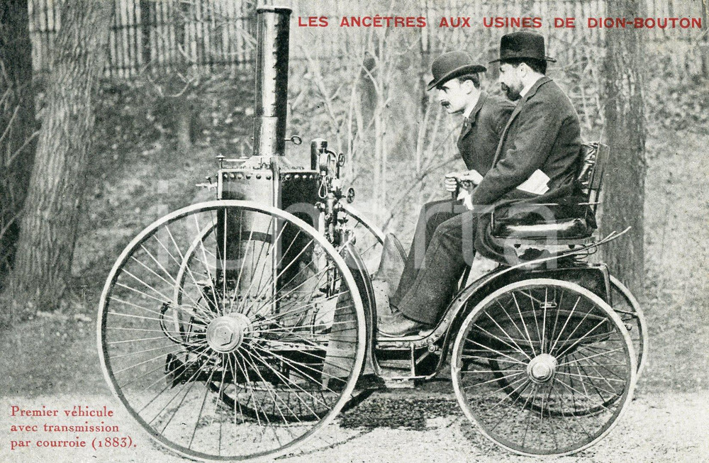 Cartolina originale da collezione 1930 ca DE DIONBOUTON Premier véhicule avec transmission par courroie POSTCARD 1