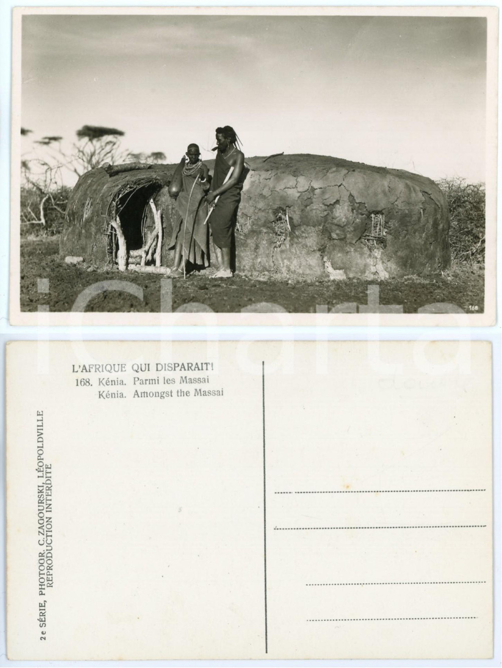 1930 C. ZAGOURSKI «L'Afrique qui disparaît» KENIA Parmi les MASSAI Postcard 168  Fotocartolina postale d'epoca, appartenente alla 2^serie «L'Afrique qui disparaît» del fotografo Casimir Zagourski (Léopoldville).N°168, non viaggiata.  GOOD/buono  FORMATO: 14x9 cm originale e autentica 1