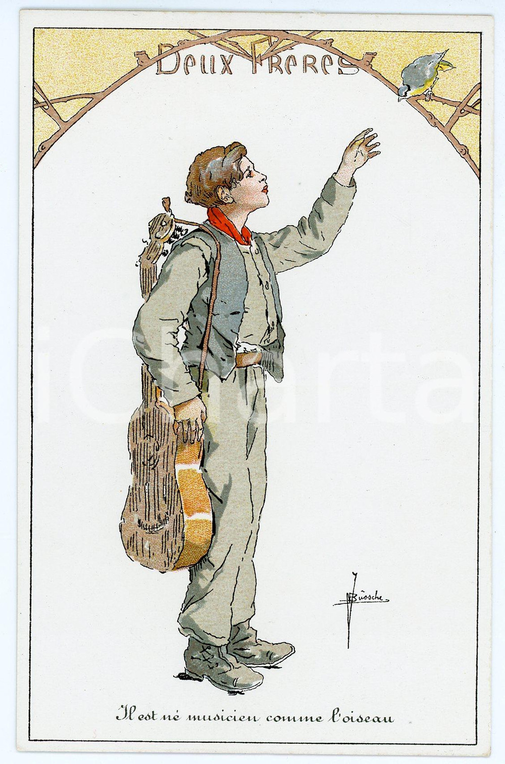 Cartolina originale da collezione 1910 ca J. BUSSCHE Deux Frères  Il est né musicien comme l oiseau Carte postale 1