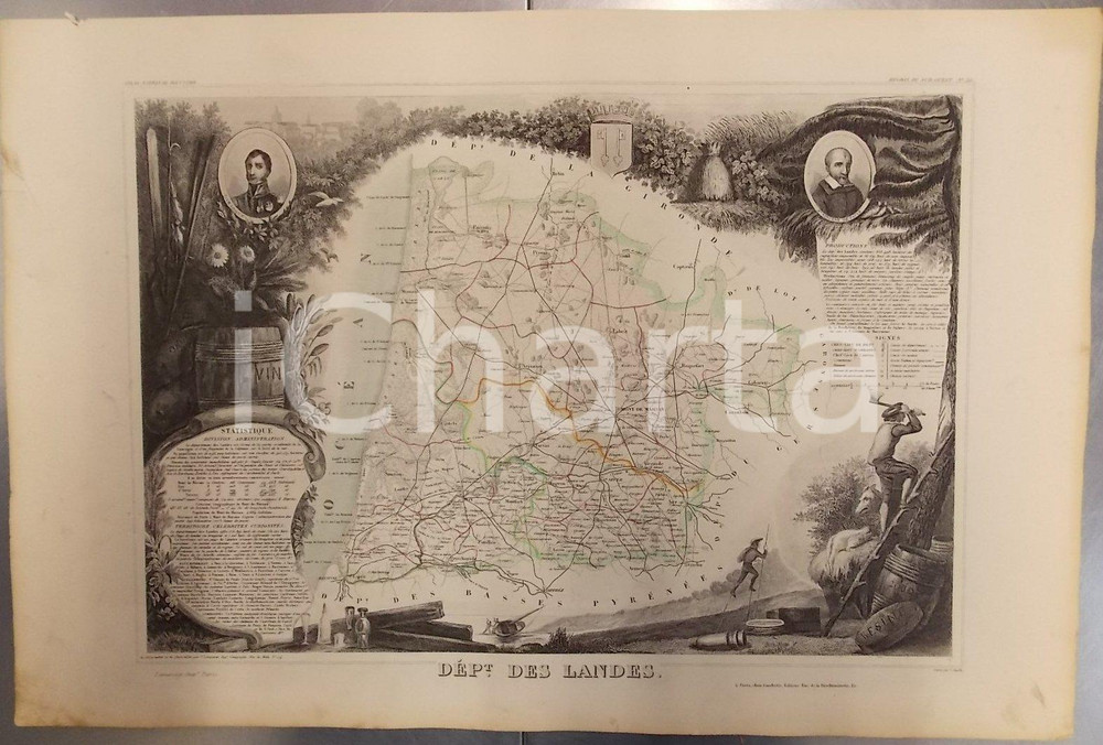 Stampa, bozzetto originale 1861 PARIS Atlas National de la France illustré Département des LANDES n° 39 3 1