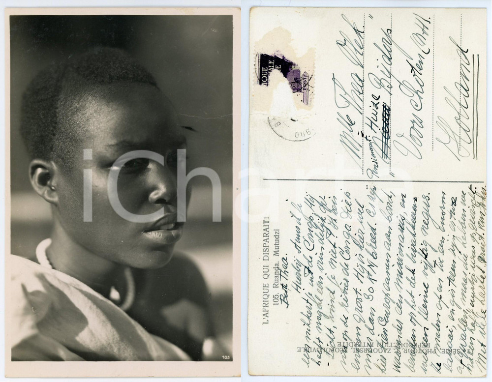 1930 C. ZAGOURSKI «L'Afrique qui disparaît» RUANDA Jeune Mutudzi ^Postcard 105  Fotocartolina postale d'epoca, appartenente alla 2^serie &laquo;L'Afrique qui dispara&icirc;t&raquo; del fotografo Casimir Zagourski (L&eacute;opoldville).N&deg;105, viaggiata ma con affrancatura rimossa.CONDIZIONI: POOR (piegatura al margine destro, abrasione al verso)FORMATO: 9x14 cm     originale e autentica 1